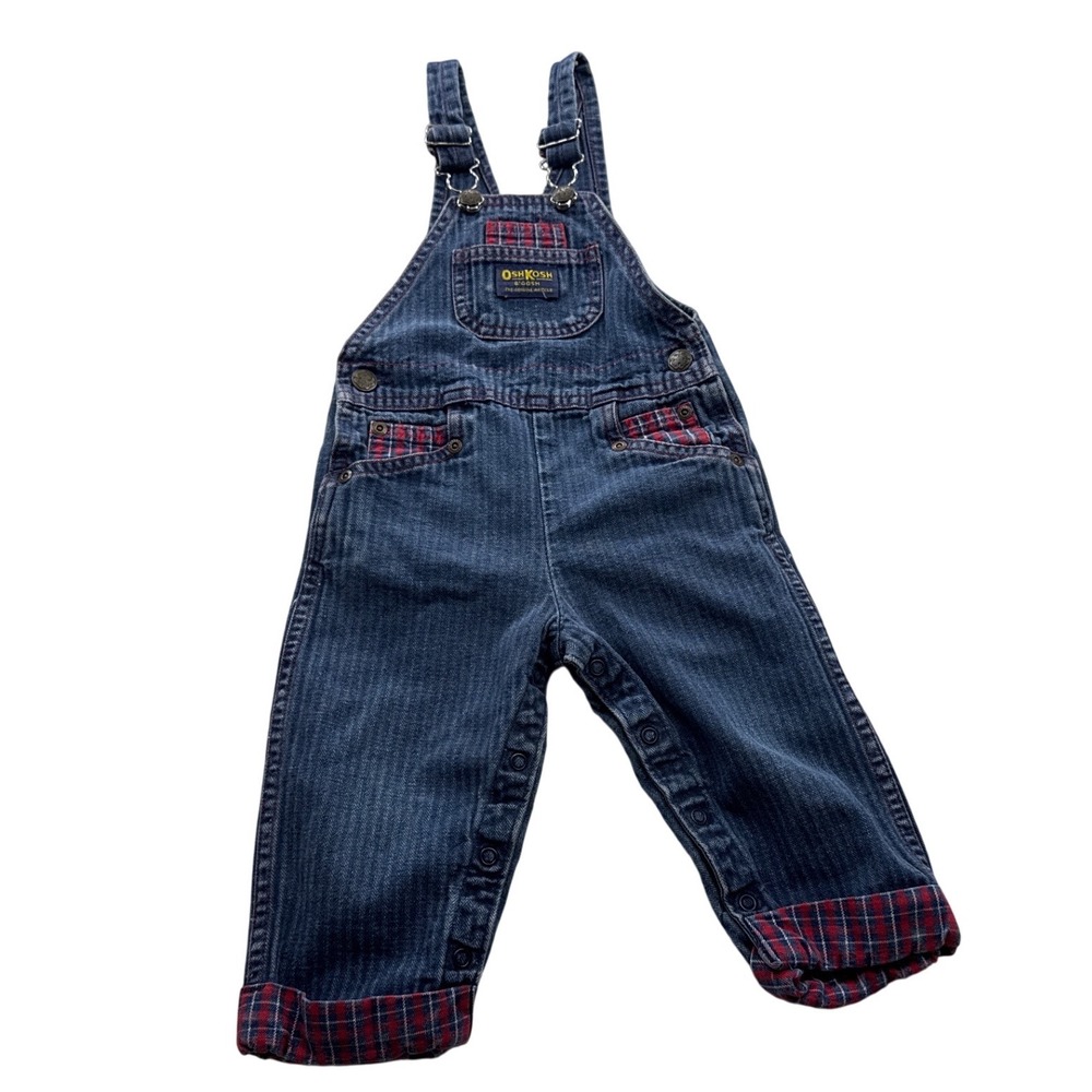 OshKosh B'gosh Denim Overalls Kids 2T Blue Excellent Plaid Lined
